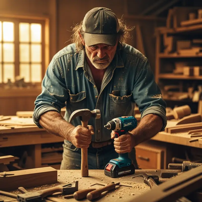 Carpenter with a hammer and drill